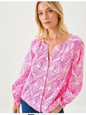 Lilly Pulitzer Pink Botanical Split-Neck Blouse NWT